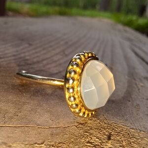 Gold-Tone Ring with Faceted White Opal Glass Stone